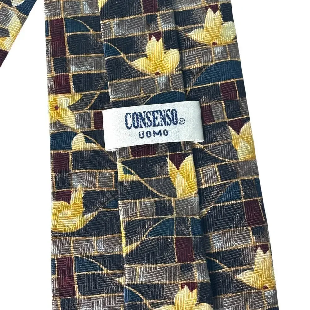 Consenso Uomo Hand Sewn Silk Tie Gray Maroon Stripe Yellow Flowers
